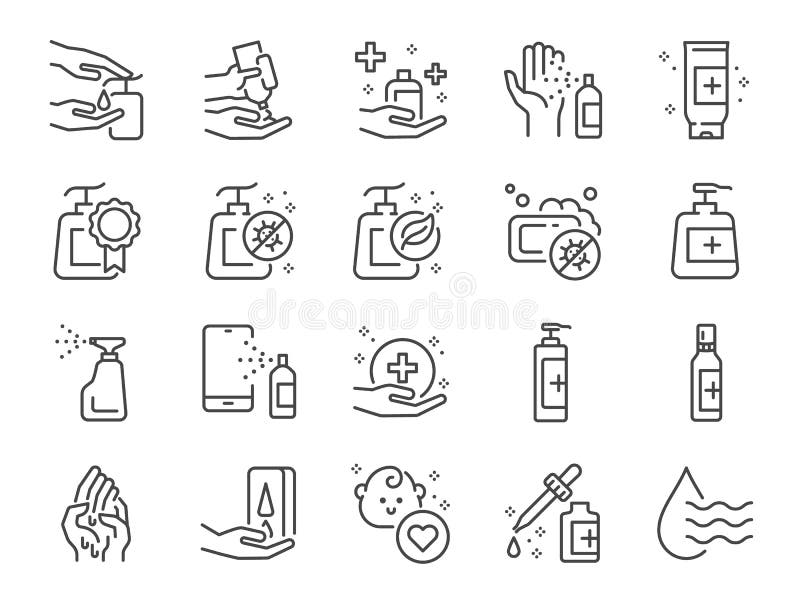 Handdesinfiziererlinie Ikonensatz. enthielten Symbole als Handwäschehandgelalkoholgelalkoholspray nbsp Hygiene und mehr. stock abbildung