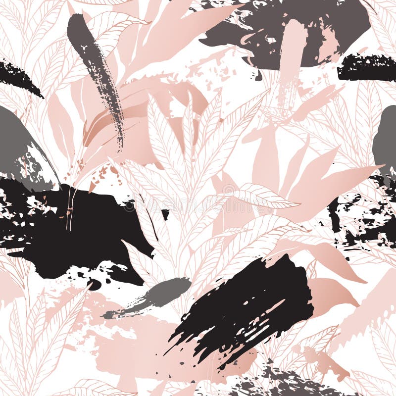 Handdragen, kortfattad, floral bakgrund: konturblad, grumliga penseldrag med glansig övertoningseffekt royaltyfri illustrationer