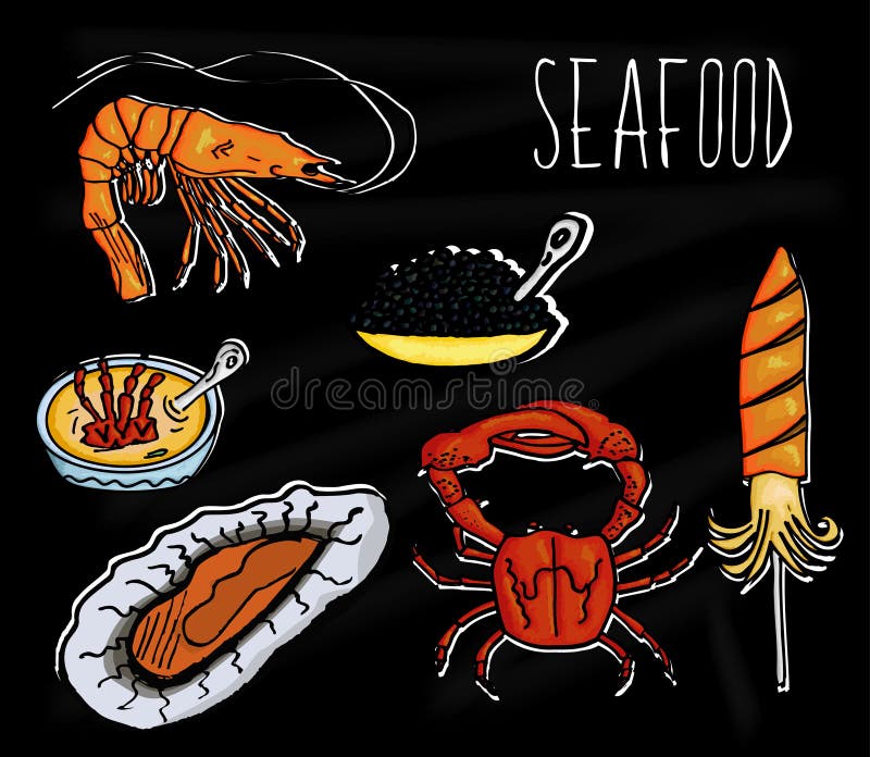 Handdrawn illustration from the collection of seafood. The old school blackboard with colorful colorful marine animals. Vector stock illustration Handdrawn illustration from the collection of seafood. The old school blackboard with colorful colorful marine animals. Vector stock illustration