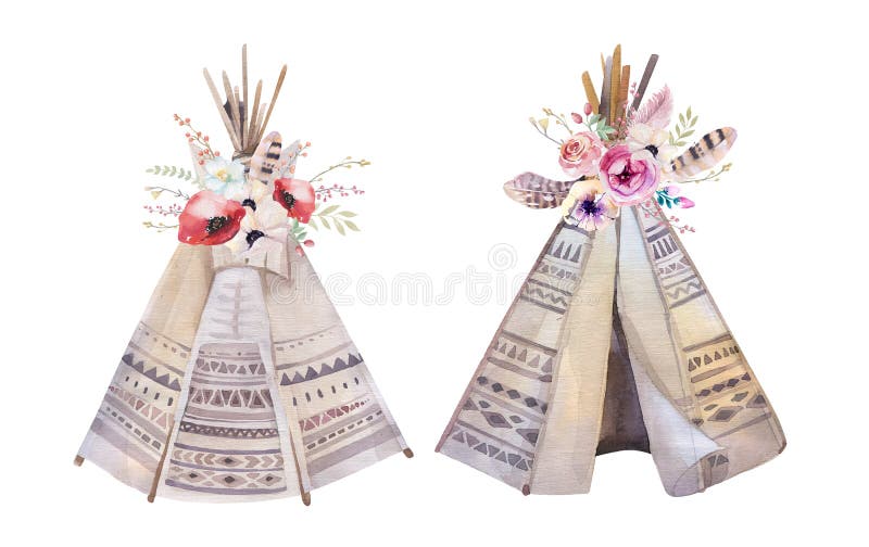 Handdrawn watercolor tribal teepee, isolated white campsite tent. Boho America traditional native ornament. Indian tee-pee with arrows and feathers