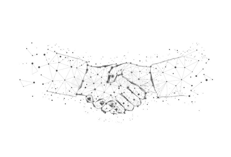Handshake from triangles and luminous points. Concept of a successful business project. Black-and-white.  Polygonal illustration. Low poly. Handshake from triangles and luminous points. Concept of a successful business project. Black-and-white.  Polygonal illustration. Low poly.