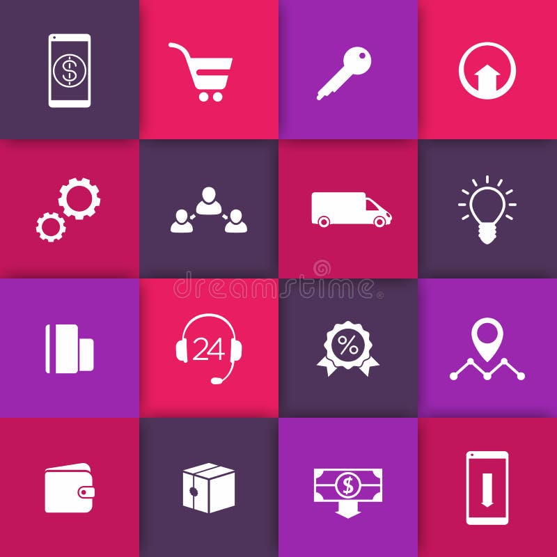 Handel elektroniczny, online zakupy sieci ikony na kwadratach, piktogramy dla handel elektroniczny strony internetowej ilustracji Handel elektroniczny, online zakupy sieci ikony na kwadratach, piktogramy dla handel elektroniczny strony internetowej ilustracji