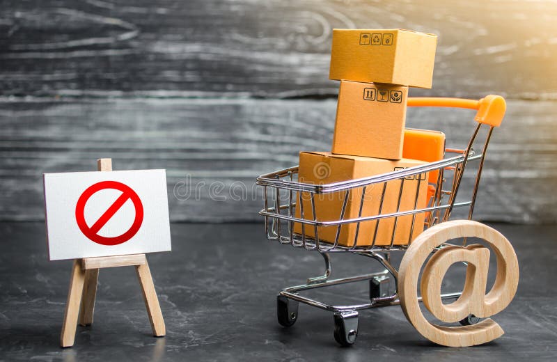 Handelskarren mit Kisten und einem Aal mit dem Verbotszeichen NO Online-Shopping im Internet Einfuhrbeschränkung