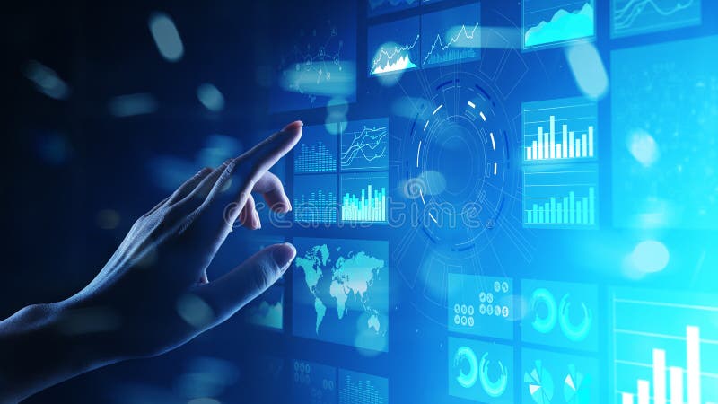 Handelsnachrichtenarmaturenbrett des virtuellen Schirmes, Analytics und großes Datentechnologiekonzept lizenzfreie stockbilder