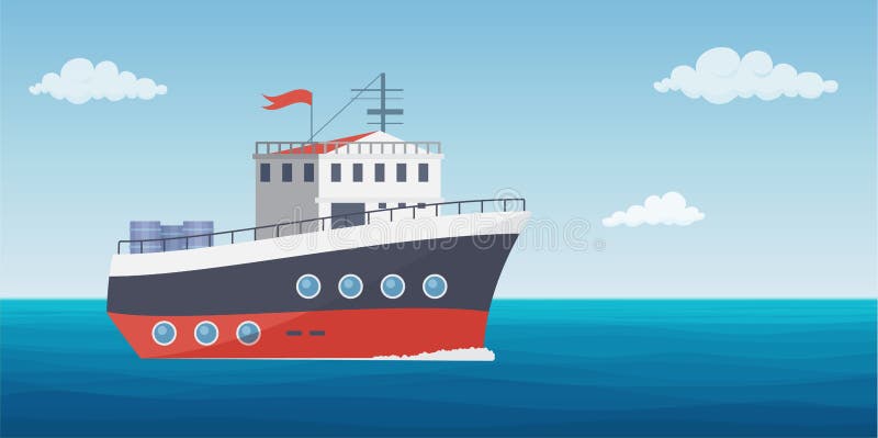 Handelsschiff mit Containern auf der Werft in Seehandschaftsbooten, die zum Hafen fahren lizenzfreie abbildung