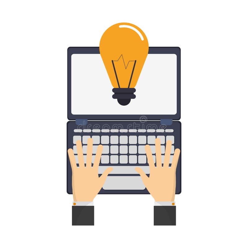 Handen die laptop met groot ideesymbool met behulp van vector illustratie