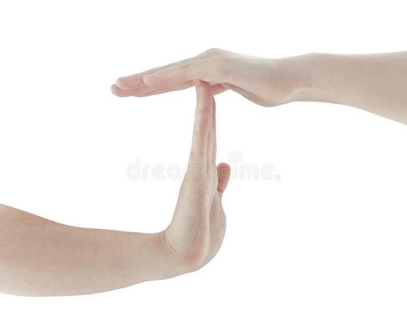 Handen die die onderbrekingsteken tonen op wit wordt geïsoleerd stock afbeeldingen Handen die die onderbrekingsteken tonen op wit wordt geïsoleerd stock afbeeldingen
