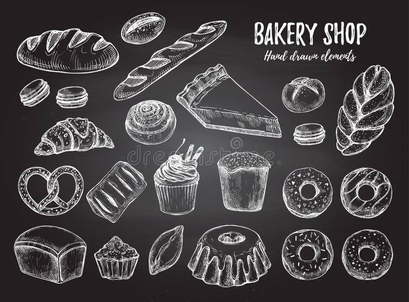 Hand drawn vector illustration - Set with sweet and dessert croissant, cupcakes, pretzels, donut, cheesecake, macaroon, baguette, bread, pie. Design elements in sketch style. Perfect for menu, cards, blogs, banners. Hand drawn vector illustration - Set with sweet and dessert croissant, cupcakes, pretzels, donut, cheesecake, macaroon, baguette, bread, pie. Design elements in sketch style. Perfect for menu, cards, blogs, banners