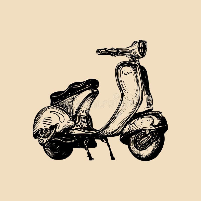 Handen skissade sparkcykeln Illustration för motorroller för vektortappning retro för affischen, banret, kortet etc. vektor illustrationer Handen skissade sparkcykeln Illustration för motorroller för vektortappning retro för affischen, banret, kortet etc. vektor illustrationer