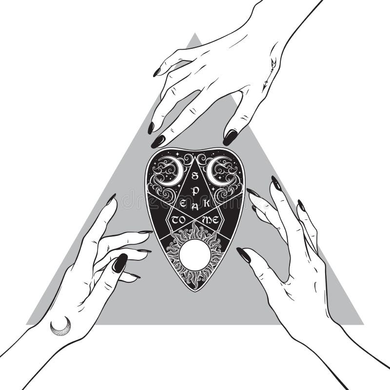 Hands of three witches reaching out to the ouija mystifying oracle planchette. Black work, tattoo, poster art or print design hand drawn vector illustration. Hands of three witches reaching out to the ouija mystifying oracle planchette. Black work, tattoo, poster art or print design hand drawn vector illustration.