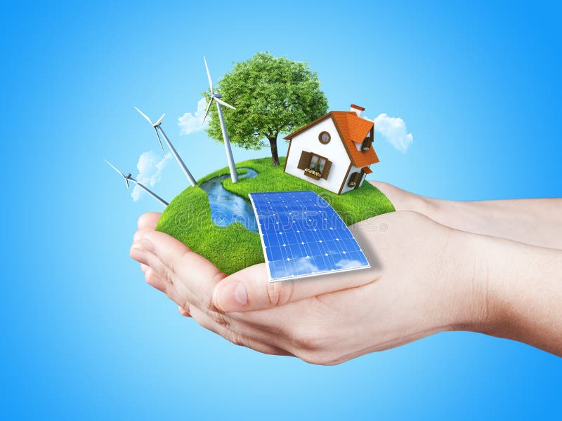 Hands holding clear green meadow with sun battery block, wind mill turbines and countryside house. Concept for ecology, alternative energy, freshness, freedom. Green fields collection. Hands holding clear green meadow with sun battery block, wind mill turbines and countryside house. Concept for ecology, alternative energy, freshness, freedom. Green fields collection.