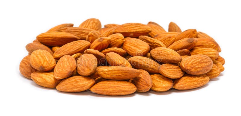 Handful of raw almond seeds Prunus dulcis without shell, close up, isolated on white background