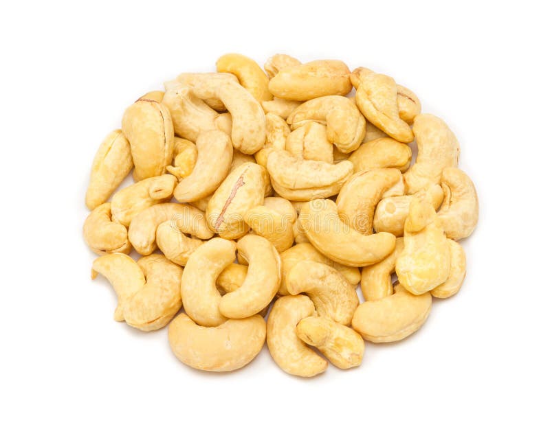 Handful of raw cashew seeds Anacardium occidentale without shell, close up, isolated on white background