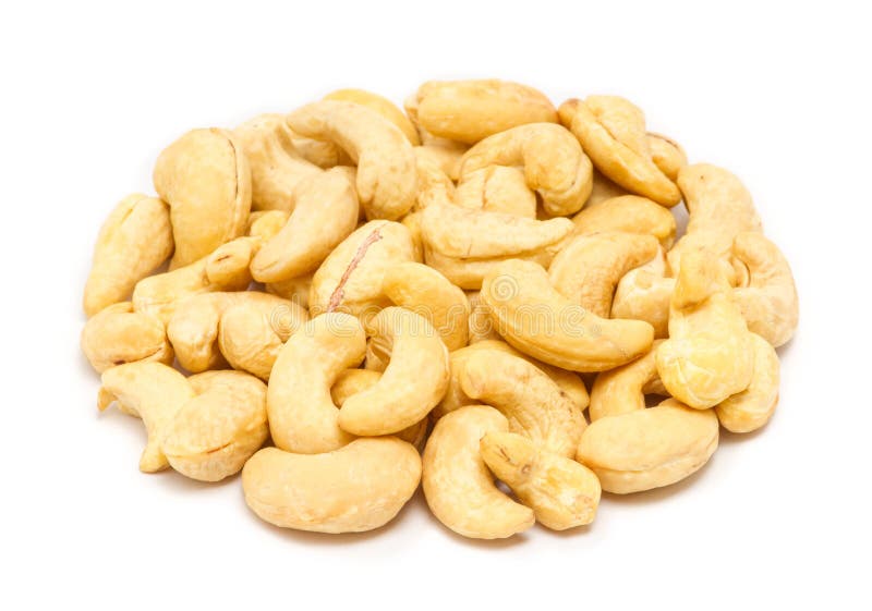 Handful of raw cashew seeds Anacardium occidentale without shell, close up, isolated on white background