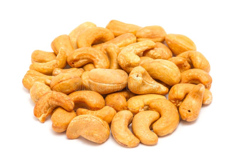 Handful of roasted cashew seeds Anacardium occidentale without shell, close up, isolated on white background