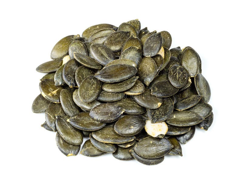 Handful of styrian pumpkin seeds closeup on white background