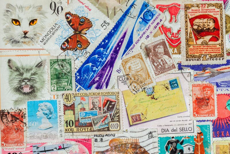 Handful Use the Old Used Postage Stamps Printed. Texture. for Pattern