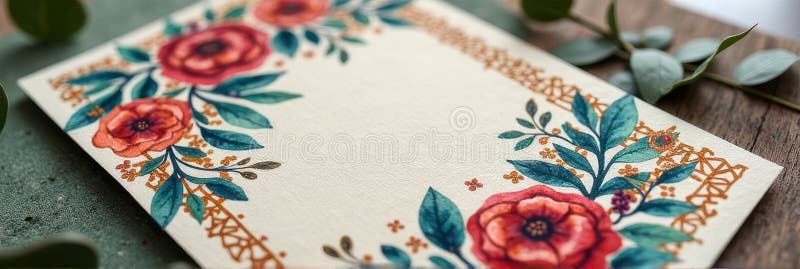 Handgefertigte Blumengrüßkarte mit lebendigem botanischem Grenzdesign stock abbildung