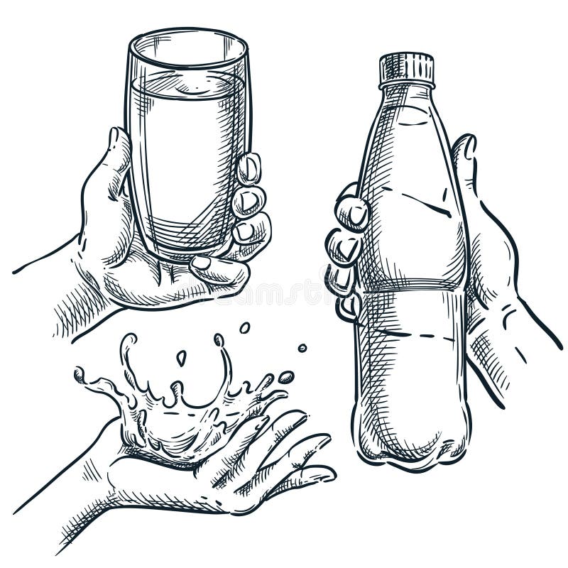 Handgehaltenes Trinkglas Plastikflasche Wasser spritzen. Handgezeichnete Vektor-Skizze-Abbildung Trinkwasser vektor abbildung