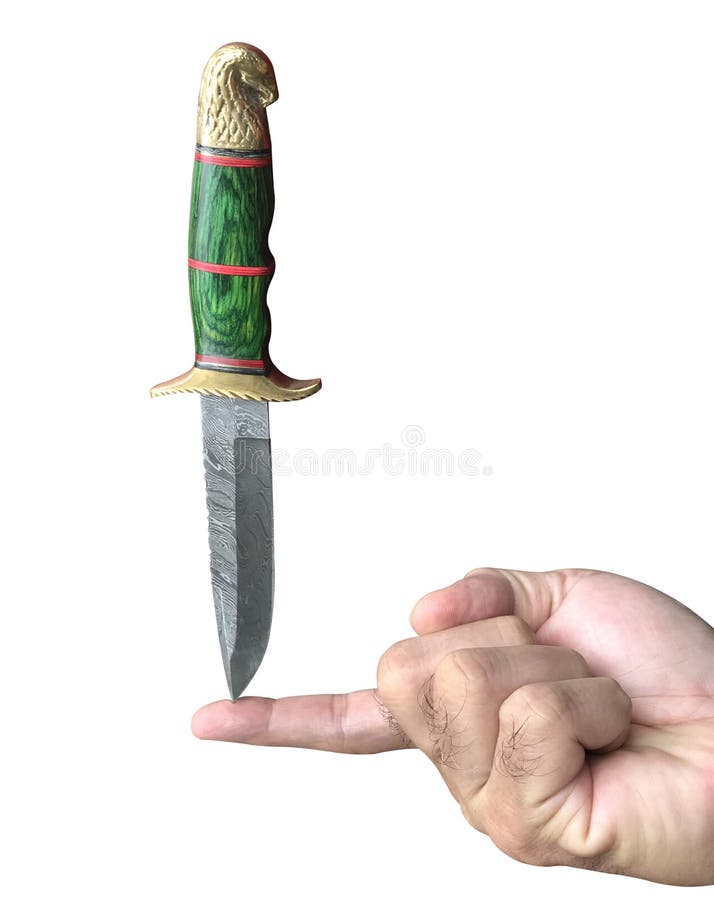 Handgemachtes faltendes Messer Damaskus auf einem Finger