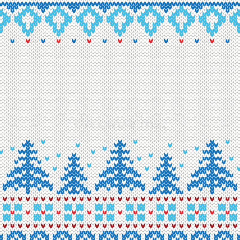 Handgemachtes gestricktes Hintergrundmuster mit Weihnachtsbäumen und Schneeflocken, skandinavische Verzierungen lizenzfreie abbildung Handgemachtes gestricktes Hintergrundmuster mit Weihnachtsbäumen und Schneeflocken, skandinavische Verzierungen lizenzfreie abbildung