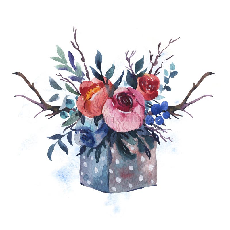 Handgemalte Holzkiste des Aquarells mit Blumen, rote Rosen, wird es tun stock abbildung Handgemalte Holzkiste des Aquarells mit Blumen, rote Rosen, wird es tun stock abbildung