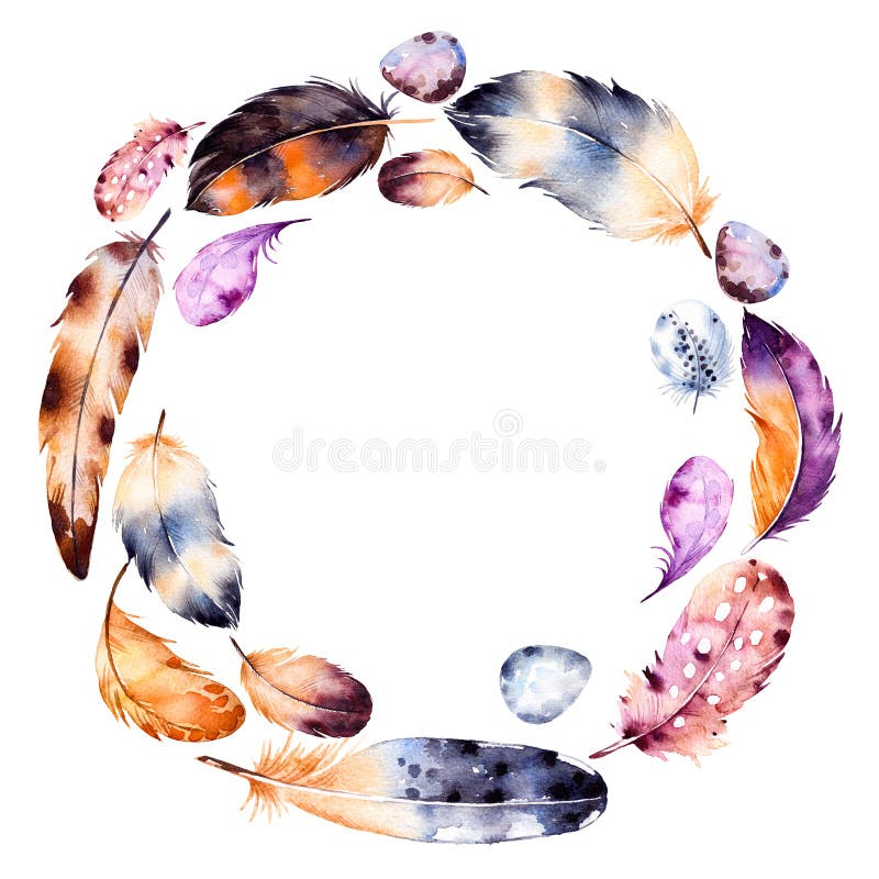 Handgemalter Aquarellkranz von Federn und von Eiern vektor abbildung Handgemalter Aquarellkranz von Federn und von Eiern vektor abbildung