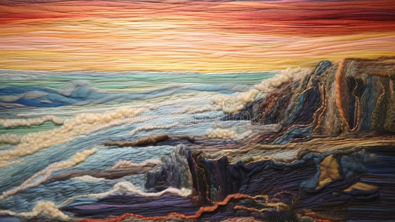 this stunning art painting depicts a beach scene with colorful sea waves, created in the style of layered fibers and tonalist seascapes. the use of felt creations and heavy metal embroidery adds a unique texture to the piece. captured with a hasselblad h6d-400c, the ultrafine detail of the painting is truly remarkable. the sky-blue and orange hues create a vibrant contrast, making the painting a, AI generated. this stunning art painting depicts a beach scene with colorful sea waves, created in the style of layered fibers and tonalist seascapes. the use of felt creations and heavy metal embroidery adds a unique texture to the piece. captured with a hasselblad h6d-400c, the ultrafine detail of the painting is truly remarkable. the sky-blue and orange hues create a vibrant contrast, making the painting a, AI generated