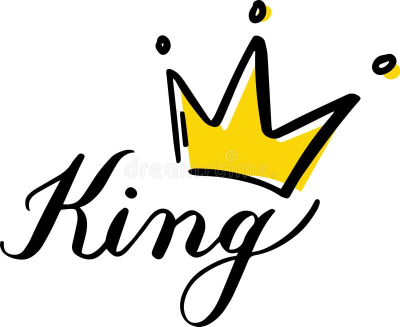 Handgezeichnete Illustration mit einer stilisierten gelben Krone über dem Wort König in elegantem schwarzem Schrift, die symbolisi stock abbildung