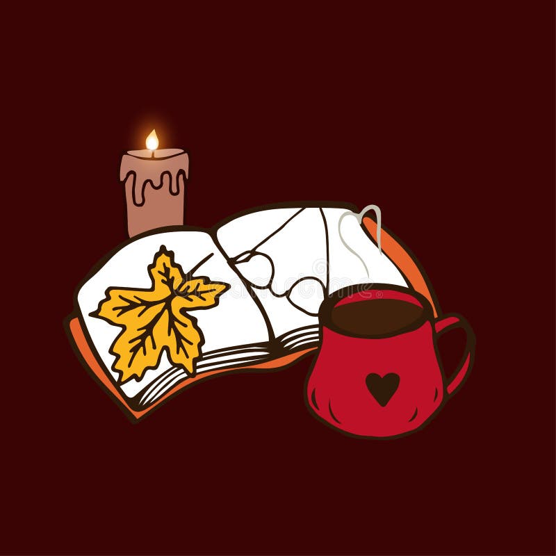 Handgezeichnete Lesebrille, die Ahornblätterblättern mit einer Kerze im niedlichen Doodle-Stil beleuchtet. bleiben zu Hause Motiav vektor abbildung