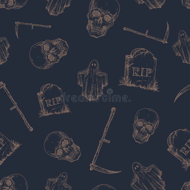 Handgezeichnete Skulptur Grabstein Scythe Und Ghost Vector Nahtlose Hintergrundmuster Halloween Celebration Gruss Vektor Abbildung Illustration Von Auslegung Feier 159937115