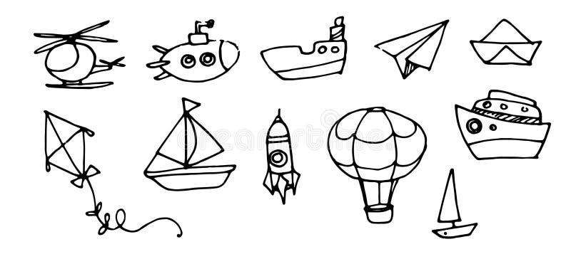 Handgezeichnete Vektor Satz von Transportelementen Hubschrauber U-Boot Ballon Rakete schwarze Umrisse auf weiß isoliert vektor abbildung