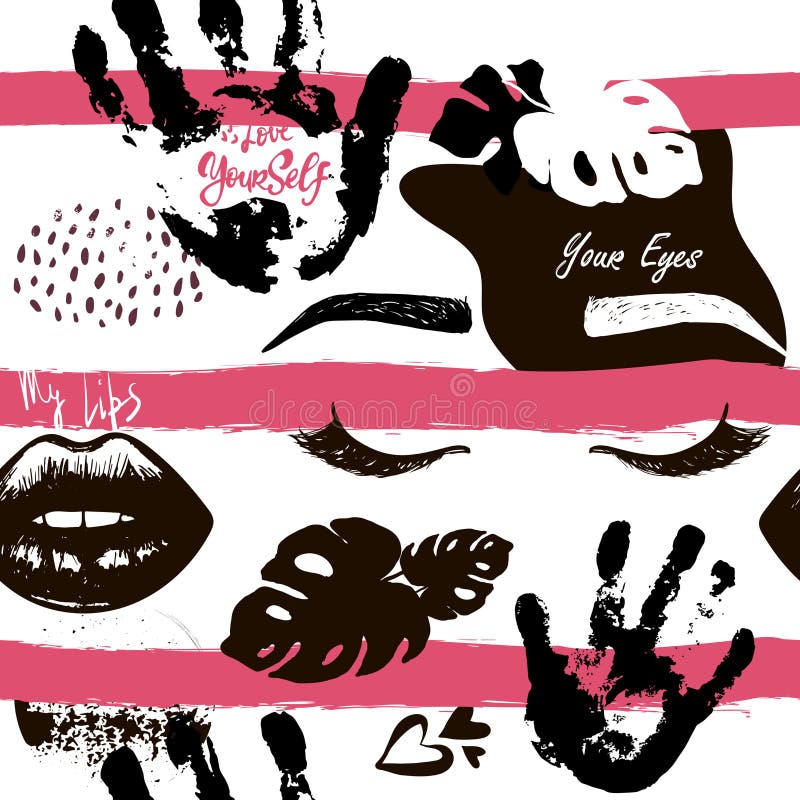 Handgezogene Modeaugen, Lippe, Herz auf dem Hintergrund des nahtlosen Musters der Streifen Vektormode-Schönheitsillustration von vektor abbildung Handgezogene Modeaugen, Lippe, Herz auf dem Hintergrund des nahtlosen Musters der Streifen Vektormode-Schönheitsillustration von vektor abbildung