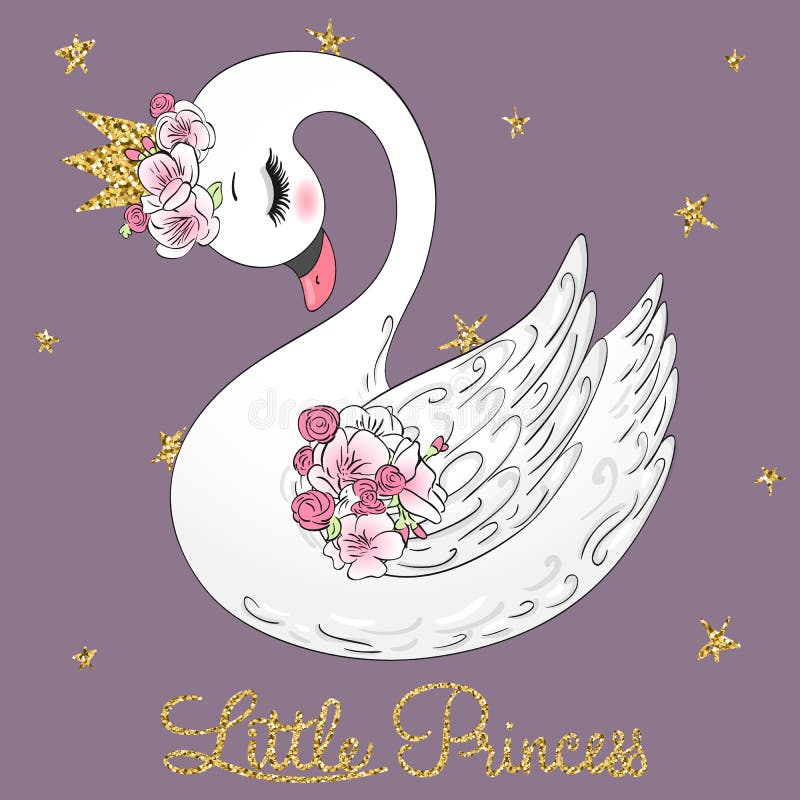 Handgezogene nette kleine Prinzessin Swan mit Krone und Blumen Vektor stock abbildung