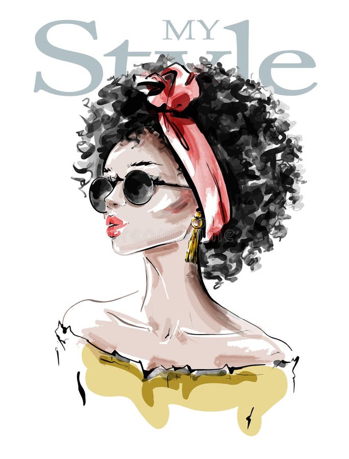 Hand drawn beautiful young African American woman with afro hairstyle. Stylish black skin girl in sunglasses. Fashion woman look. Sketch. Vector illustration. Hand drawn beautiful young African American woman with afro hairstyle. Stylish black skin girl in sunglasses. Fashion woman look. Sketch. Vector illustration.