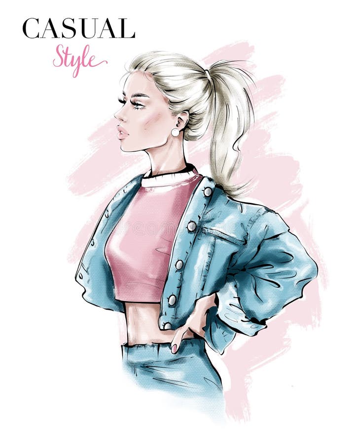 Hand drawn beautiful young woman in jeans jacket . Fashion blonde hair woman with ponytail. Fashion illustration. Stylish girl. Isolated illustration. Hand drawn beautiful young woman in jeans jacket . Fashion blonde hair woman with ponytail. Fashion illustration. Stylish girl. Isolated illustration.