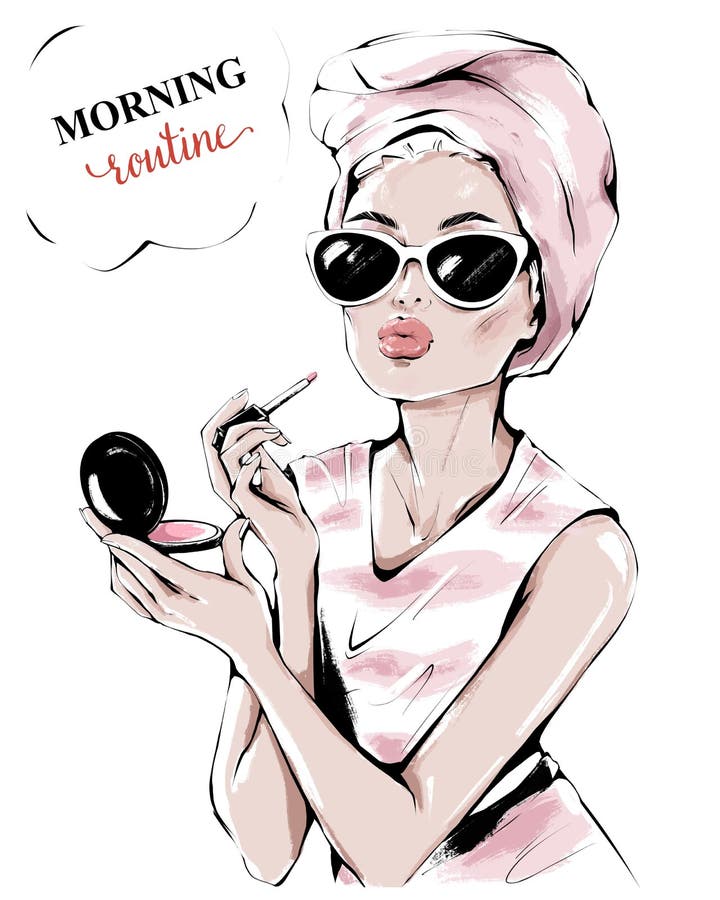 Hand drawn beautiful young woman in sunglasses. Fashion woman painting her lips. Fashion girl making makeup. Beautiful girl with bath towel on her head. Sketch. Fashion illustration. Hand drawn beautiful young woman in sunglasses. Fashion woman painting her lips. Fashion girl making makeup. Beautiful girl with bath towel on her head. Sketch. Fashion illustration.