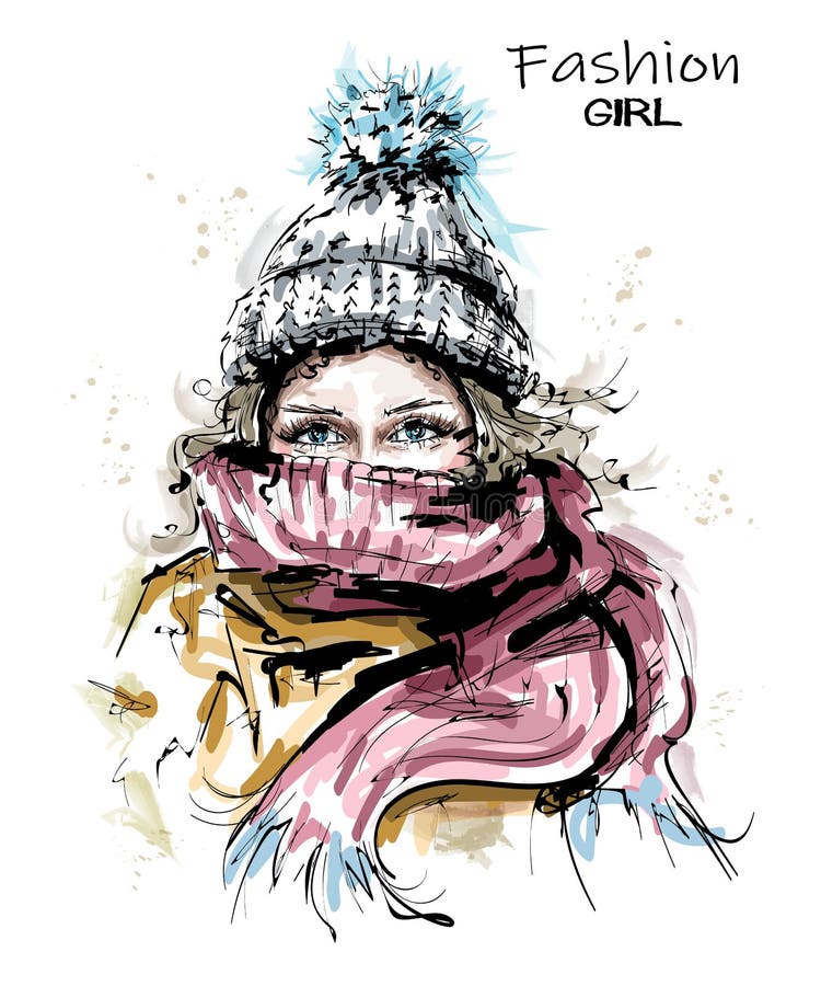 Hand drawn beautiful young woman in knit cap. Stylish winter look. Fashion woman with scarf. Sketch. Hand drawn beautiful young woman in knit cap. Stylish winter look. Fashion woman with scarf. Sketch.