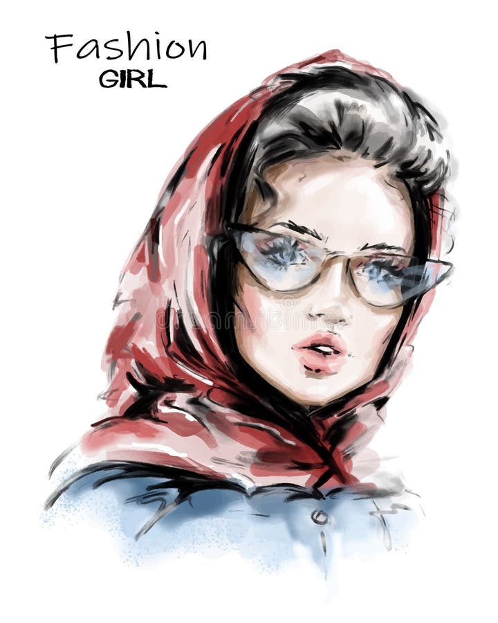 Handgezogene schöne junge Frau im roten Schal auf ihrem Kopf Stilvolles elegantes M?dchen Modefrauenblick skizze lizenzfreie abbildung Handgezogene schöne junge Frau im roten Schal auf ihrem Kopf Stilvolles elegantes M?dchen Modefrauenblick skizze lizenzfreie abbildung