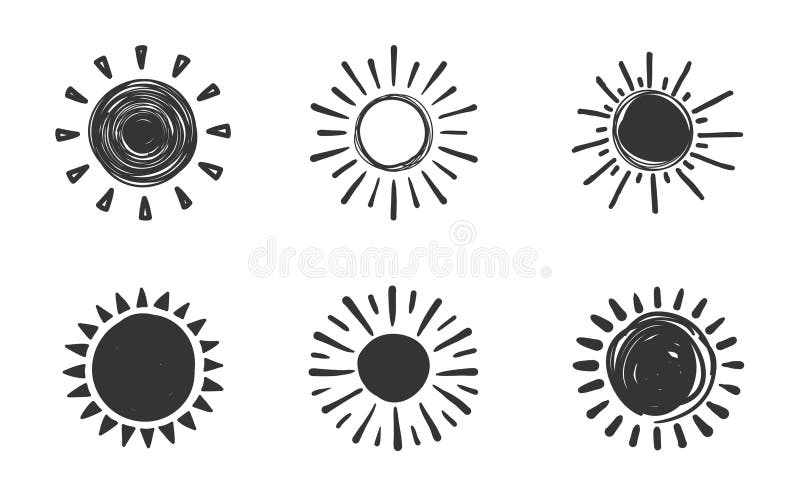 6 Handdrawn suns on white background. 6 Handdrawn suns on white background