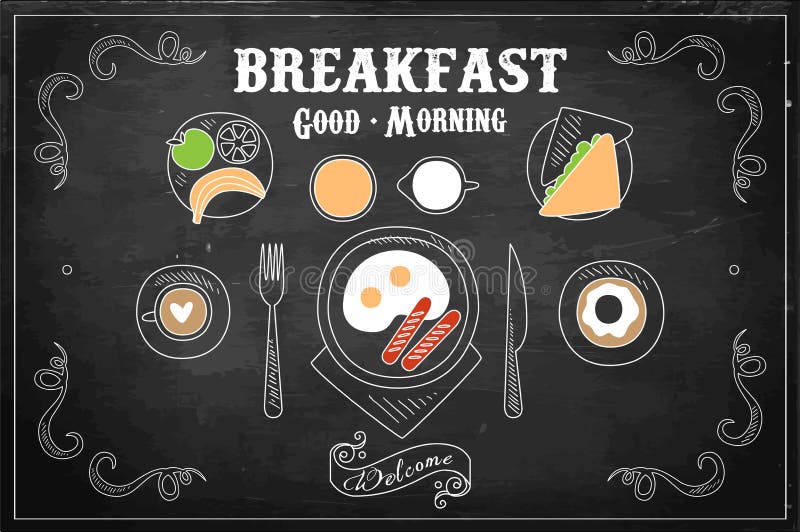 Handgezogene Vektorillustration des geschmackvollen Frühstücks auf schwarzer Tafel Eier mit Würsten, süßer Donut, Kaffeetasse vektor abbildung Handgezogene Vektorillustration des geschmackvollen Frühstücks auf schwarzer Tafel Eier mit Würsten, süßer Donut, Kaffeetasse vektor abbildung