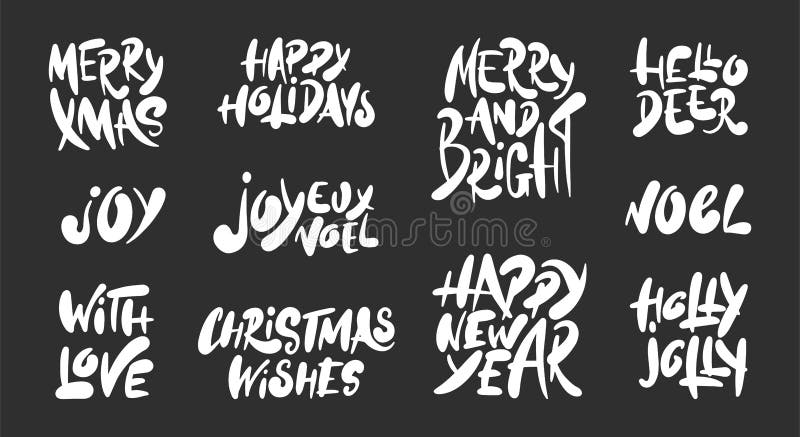 Handgezogene Wörter stellten Weihnachten und Neujahrsfeiertag auf dunklem Hintergrund ein Handgezogene einzigartige Typografieges stock abbildung Handgezogene Wörter stellten Weihnachten und Neujahrsfeiertag auf dunklem Hintergrund ein Handgezogene einzigartige Typografieges stock abbildung