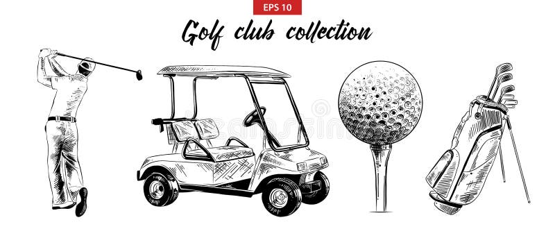 Handgezogener Skizzensatz der Golftasche, des Wagens, des Balls und des Golfspielers im Schwarzen lokalisiert auf weißem Hintergr