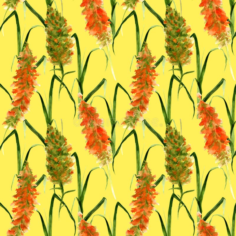 Handgezogenes nahtloses Muster mit wilden gelben und gr?nen Blumen des Aquarells, den Kr?utern und den Gr?sern auf einem gelben H lizenzfreie stockbilder Handgezogenes nahtloses Muster mit wilden gelben und gr?nen Blumen des Aquarells, den Kr?utern und den Gr?sern auf einem gelben H lizenzfreie stockbilder