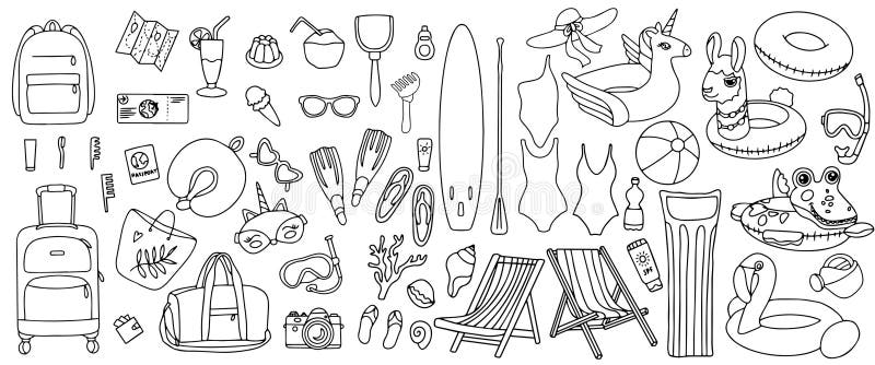 Handgezogenes Set von Sommerferienelementen Gepäckwäsche und Strandzubehör. Element Reisen im Doodstyle stock abbildung