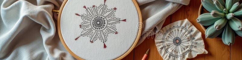 Handgjord broderidesign med stygdetaljer och självhäftande på träytan arkivfoton