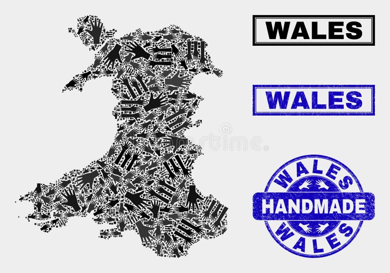 Handgjord sammansättning av den Wales översikten och den skrapade stämpeln vektor illustrationer Handgjord sammansättning av den Wales översikten och den skrapade stämpeln vektor illustrationer