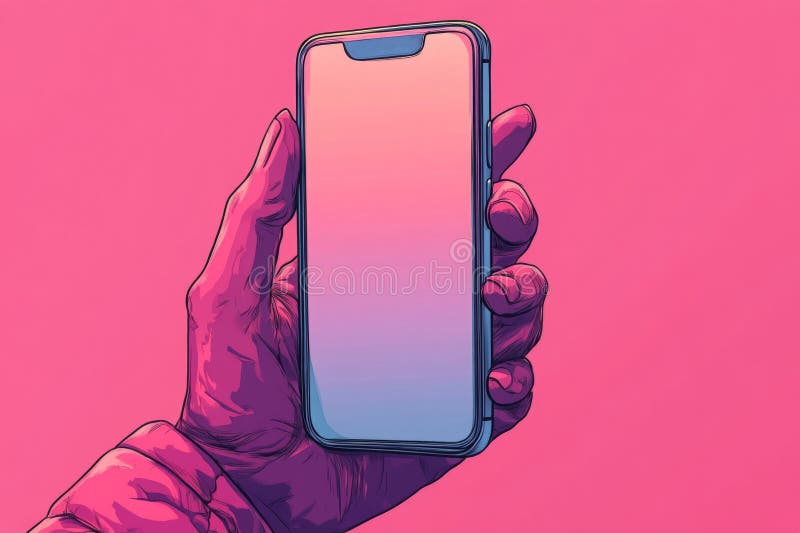 Handhalten eines Smartphones mit leerem Bildschirm auf einem lebhaften rosa Hintergrund, ideal zum Anzeigen mobiler Apps oder digi stockfoto