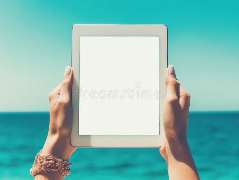 Handheld electronic tablet with blank white screen against clear blue sky and ocean stock illustration