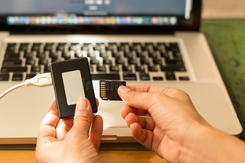 Hand holding SD and cardreader with laptop computer in background. Hand holding SD and cardreader with laptop computer in background